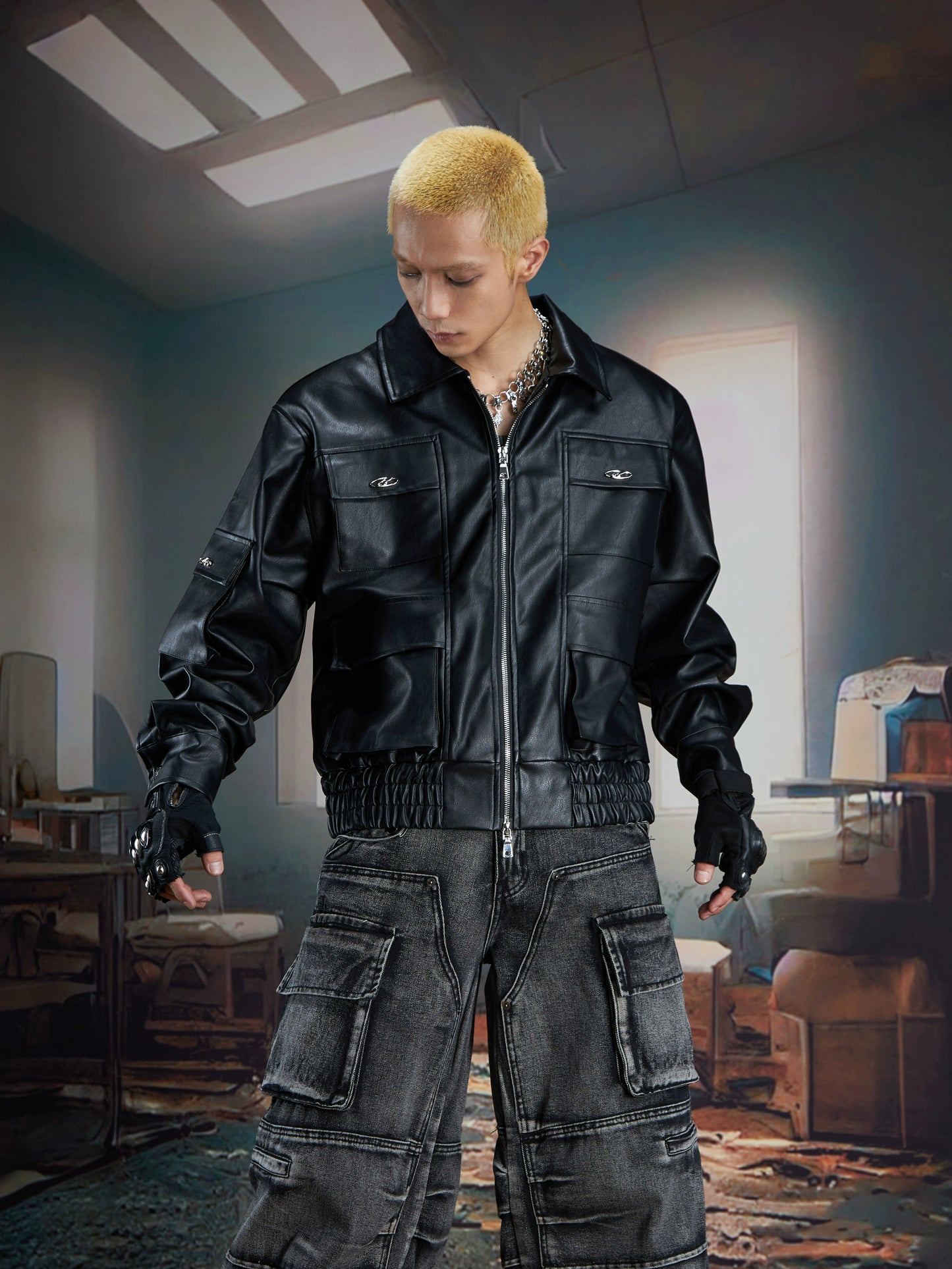 Metal Decor Multi-Pocket PU Leather Zipper Jacket WN21367