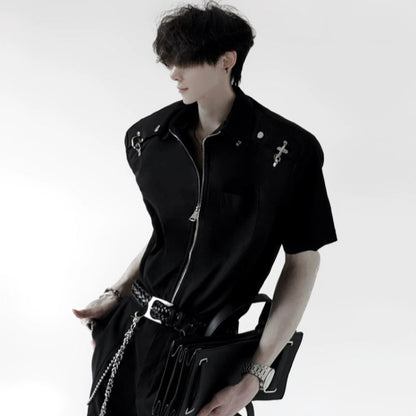 Metal Deconstruction Shoulder-Pad Zipper Short Sleeve Shirt WN20334