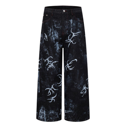 Graffiti Totem Print Wide Leg Denim Jeans WN27881