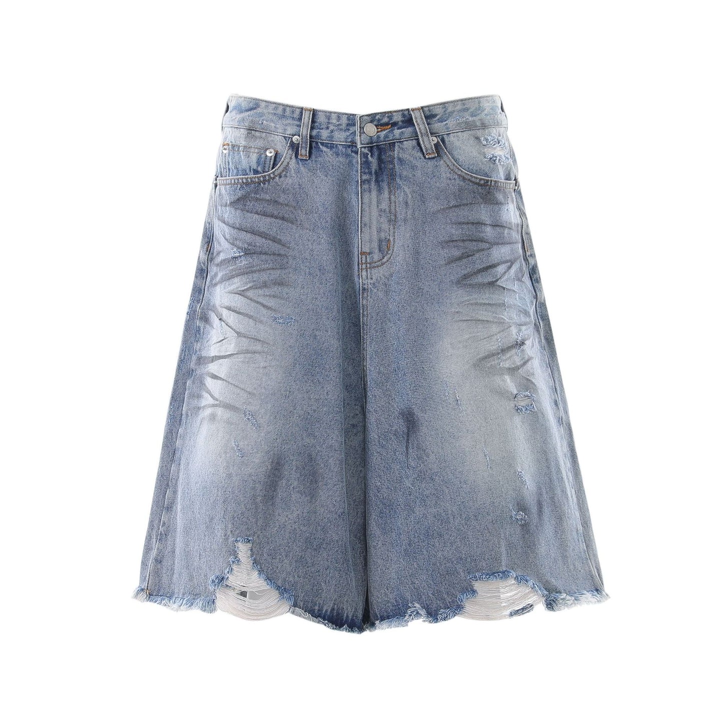 Whisker Washed Wide Leg Denim Half Jeans WN25946