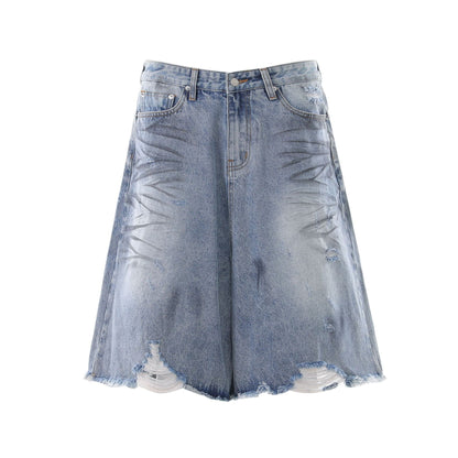 Whisker Washed Wide Leg Denim Half Jeans WN25946