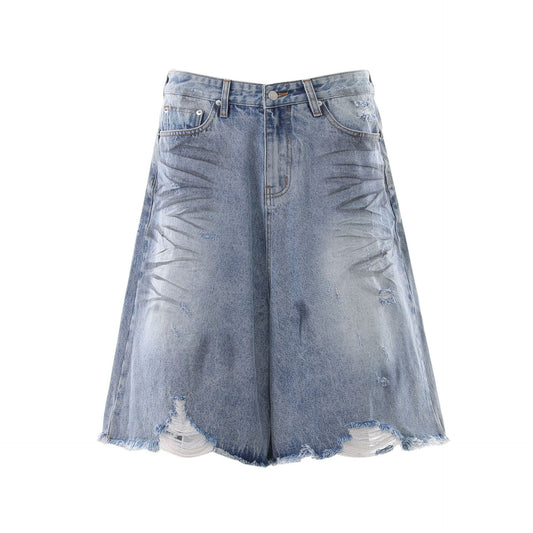 Whisker Washed Wide Leg Denim Half Jeans WN25946