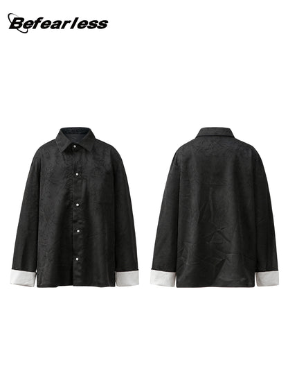 Bamboo Pattern Contrast Cuff Long Sleeve Shirt WN26259
