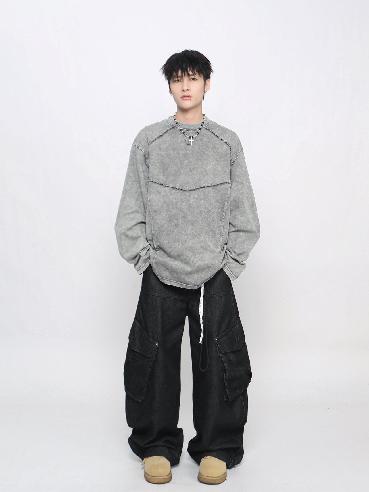 Washed Deconstructed Appliqué Oversize Long Sleeve T-Shirt WN24471