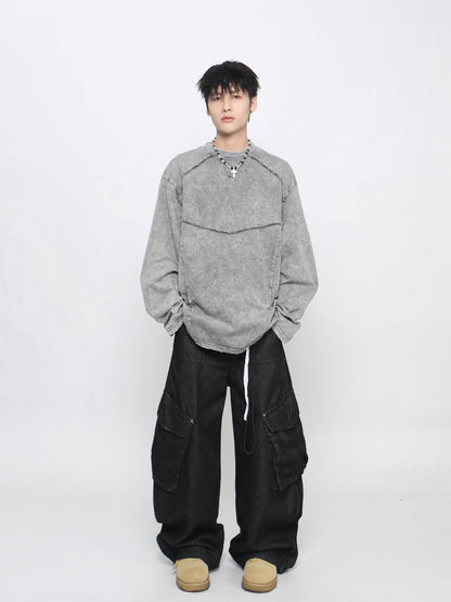 Washed Deconstructed Appliqué Oversize Long Sleeve T-Shirt WN24471