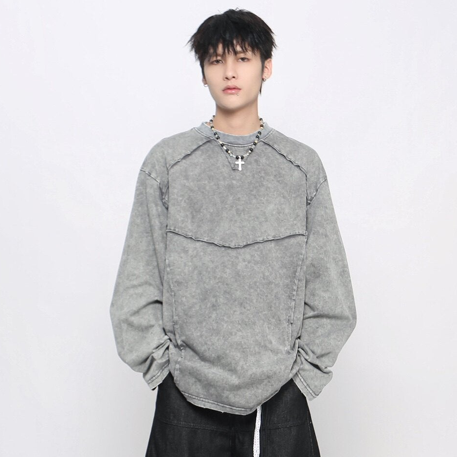 Washed Deconstructed Appliqué Oversize Long Sleeve T-Shirt WN24471