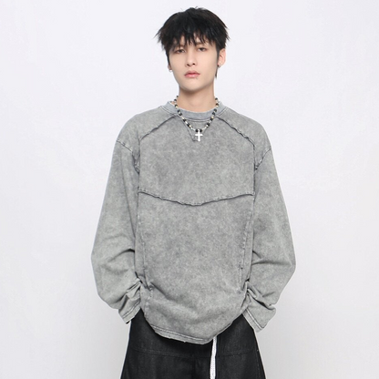 Washed Deconstructed Appliqué Oversize Long Sleeve T-Shirt WN24471