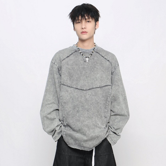 Washed Deconstructed Appliqué Oversize Long Sleeve T-Shirt WN24471