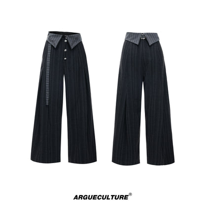 Deconstructed Stripe Embroidery Short Sleeve Shirt & Wide Leg Pants Setup WN27012