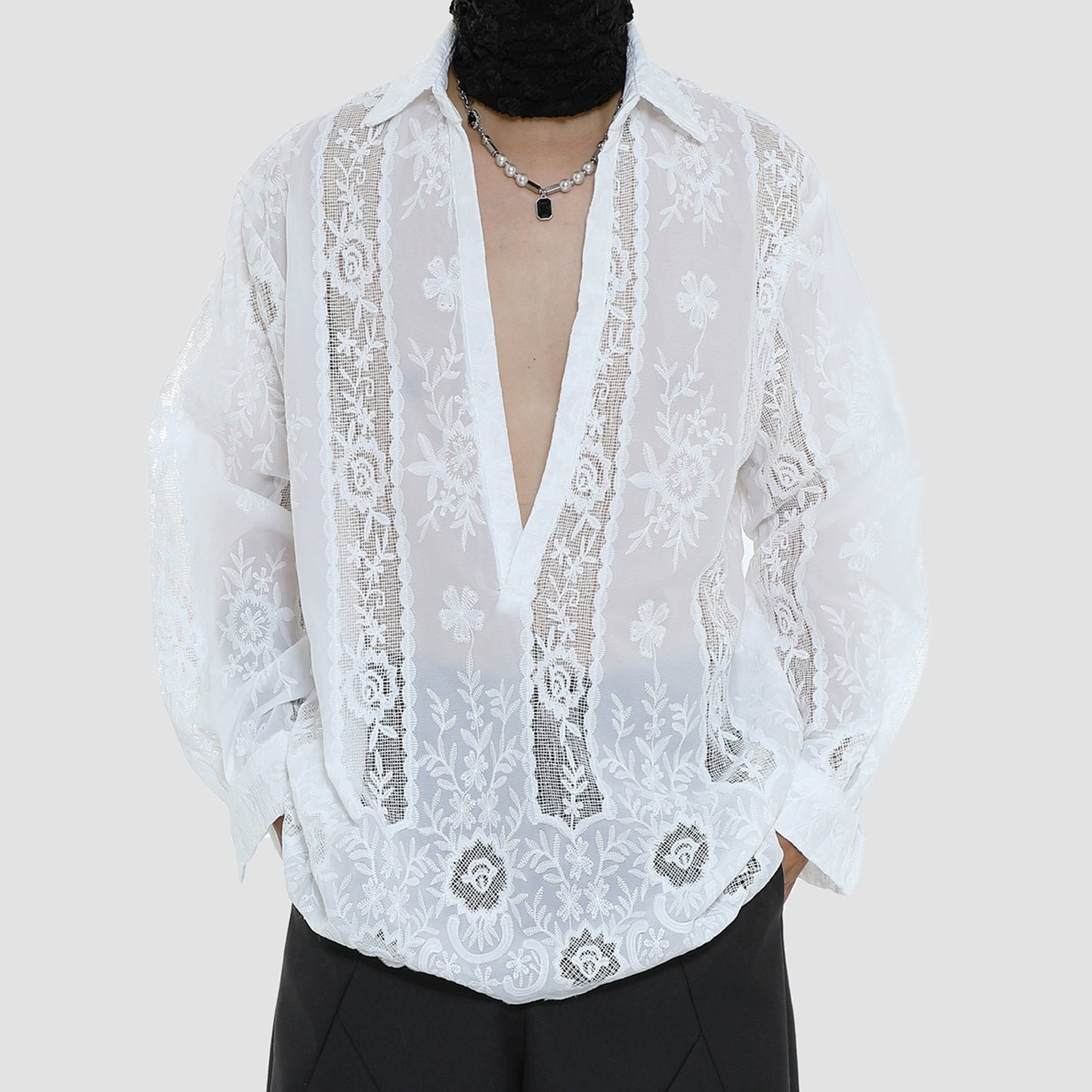 Sheer Floral Embroidery Long Sleeve Shirt WN20498