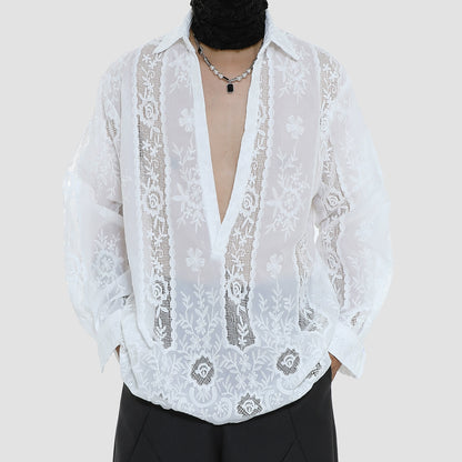 Sheer Floral Embroidery Long Sleeve Shirt WN20498