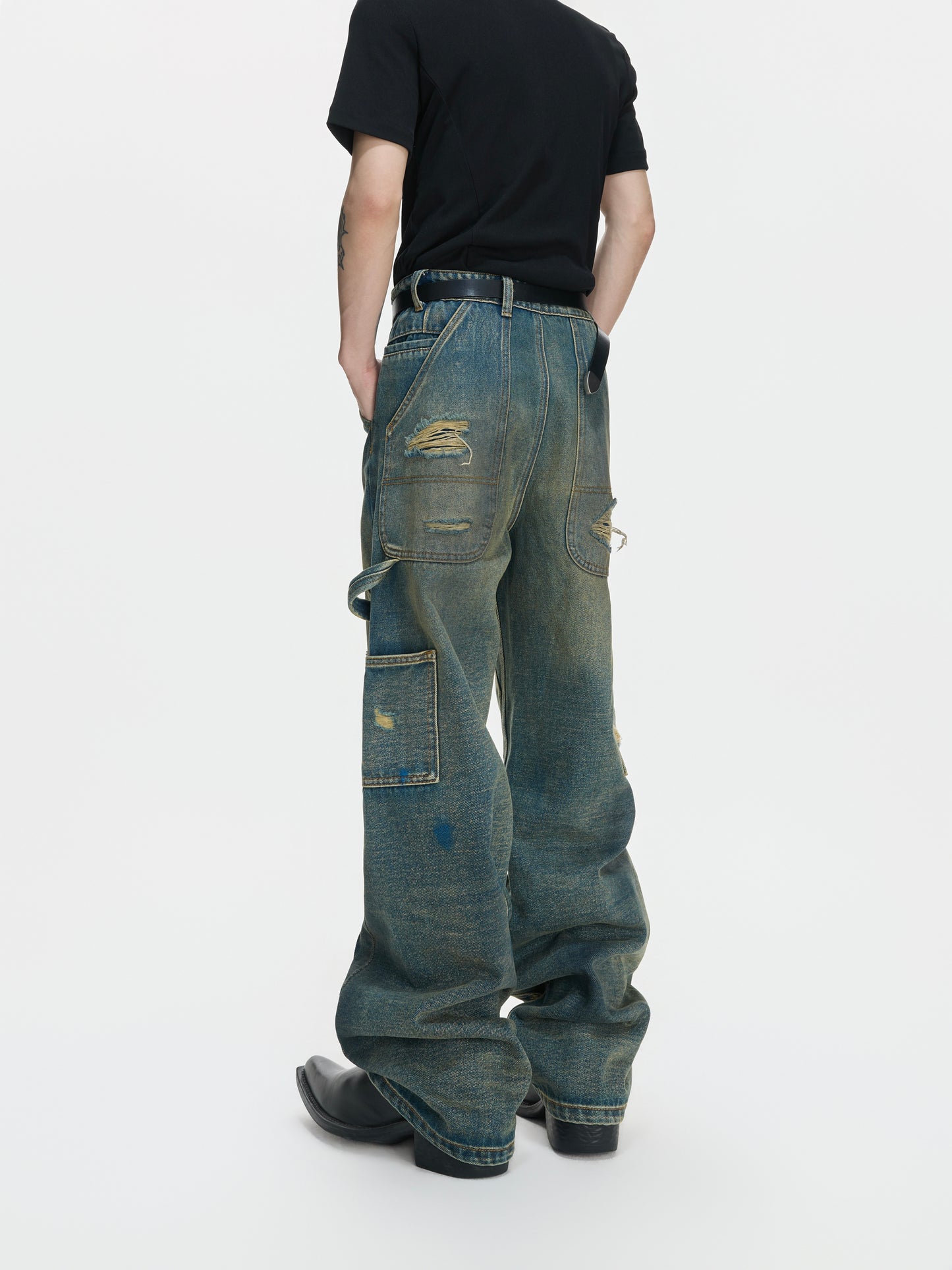 Heavyweight Washed Ripped Workwear Wide Leg Denim Jeans WN27006
