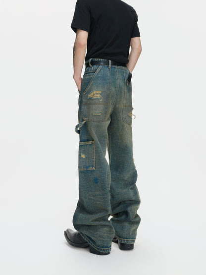 Heavyweight Washed Ripped Workwear Wide Leg Denim Jeans WN27006
