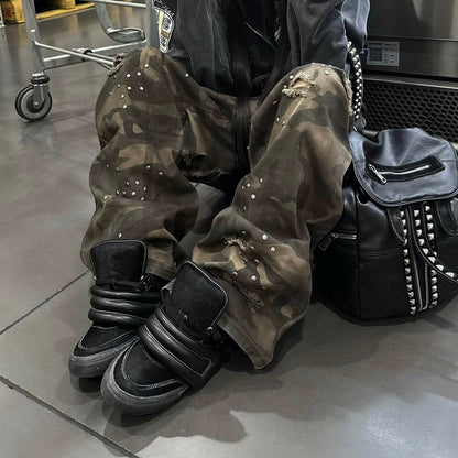 Camo Damage Studs Detail Wide Leg Cargo Pants WN27422