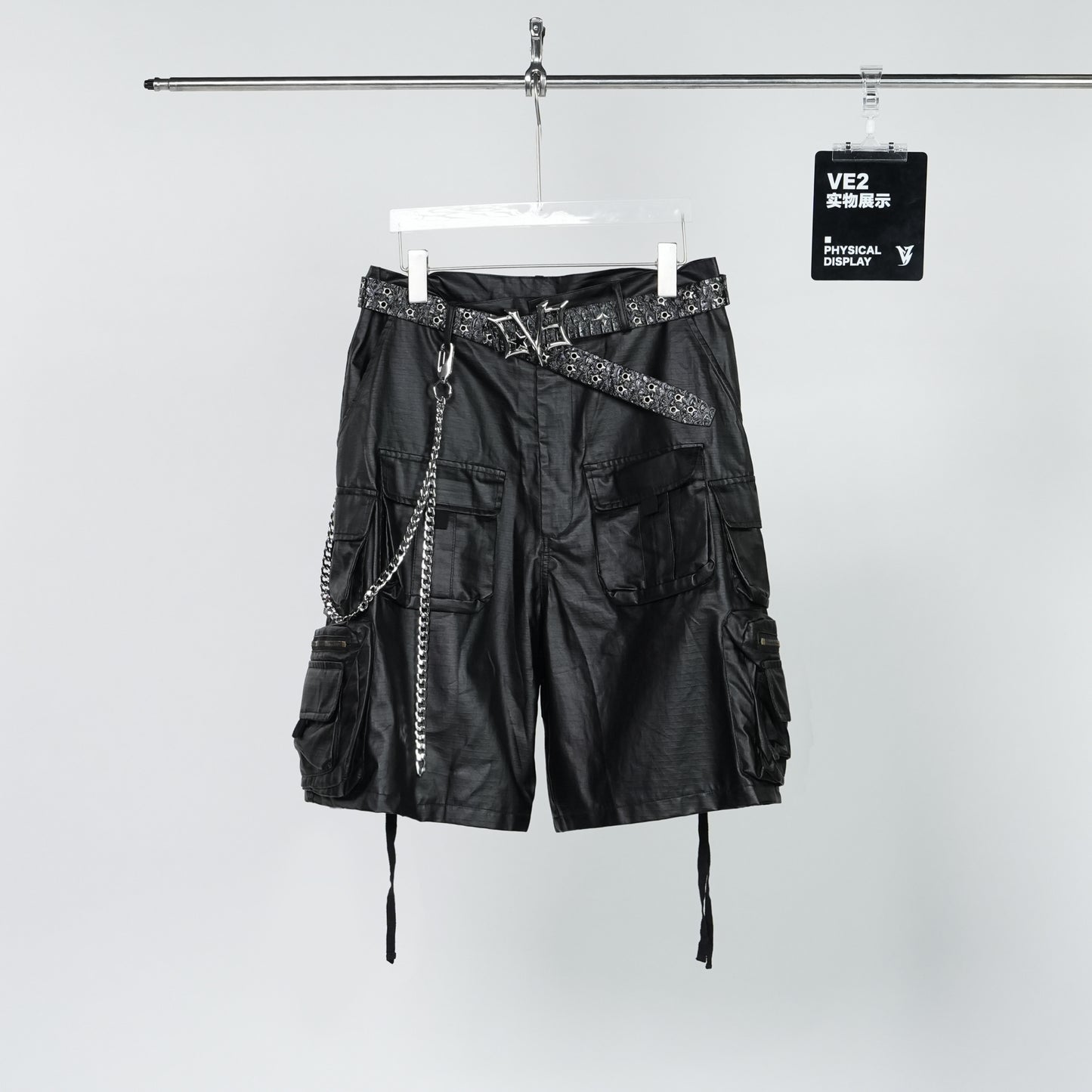 PU Leather Multi Pocket Chain Cargo Short Pants WN24313