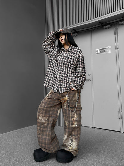 Leopard Plaid Print Curved Cargo Pants WN24198