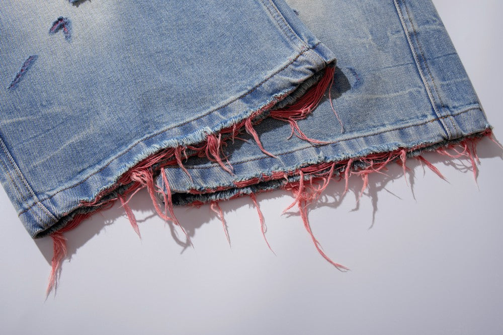 Washed Damage Graphic Denim Half Jeans WN28002
