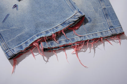 Washed Damage Graphic Denim Half Jeans WN28002