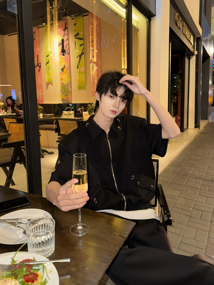 Graphic Letter Embroidery Shoulder-Pad Short Jacket & Wide Leg Pants Setup WN20748