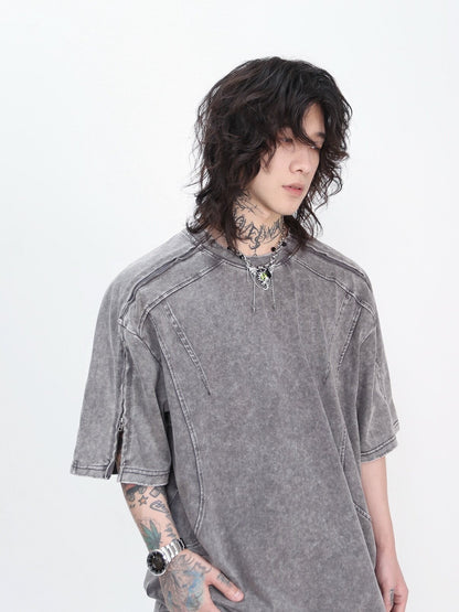 Cut Patchwork Zipper Oversize Short Sleeve T-Shirt WN24444
