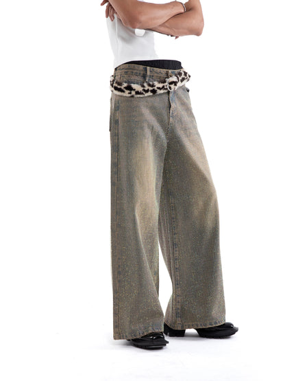 Rhinestone Washed Strap Wide Leg Straight Denim Jeans WN20648