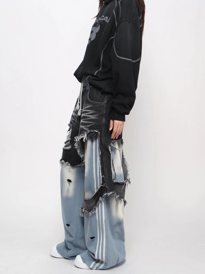 Damage Hole Fake Layered Stripe Sweatpants WN21052