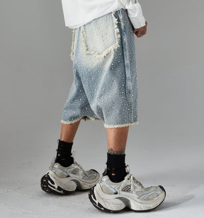 Fringe Rhinestone Wide Leg Half Denim Pants WN25612