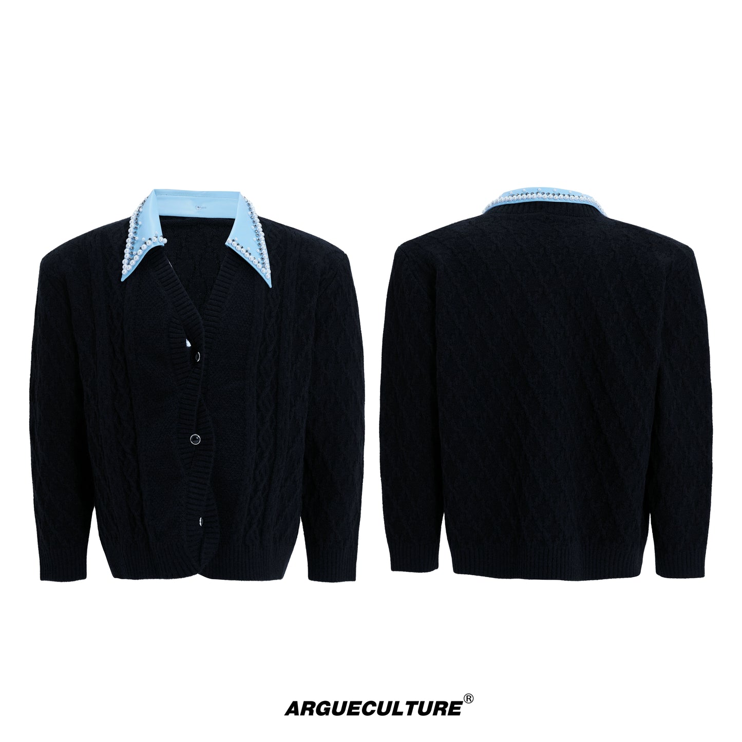 Fake Layered Pearl Embellished Lapel Thick Knit Cardigan WN21722