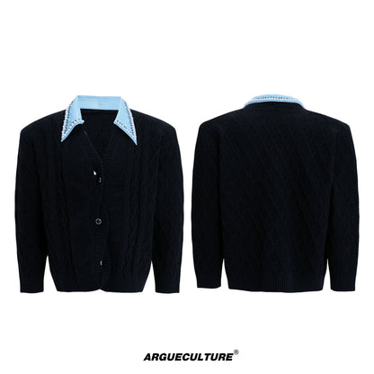 Fake Layered Pearl Embellished Lapel Thick Knit Cardigan WN21722