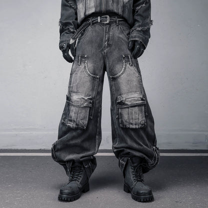 Washed Multi-Pocket Deconstruct Wide Leg Denim Jeans WN22431