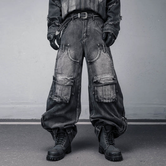 Washed Multi-Pocket Deconstruct Wide Leg Denim Jeans WN22431