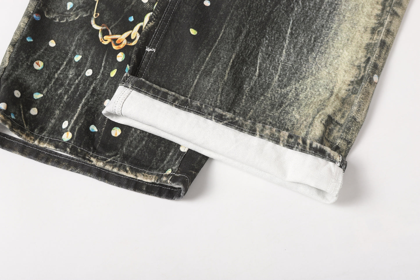 Chain Paint  3D Print Washed Wide Leg Denim Jeans WN25475