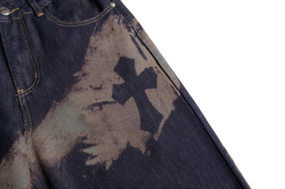 Cross Paint Graphic Wide Leg Denim Jeans WN27972