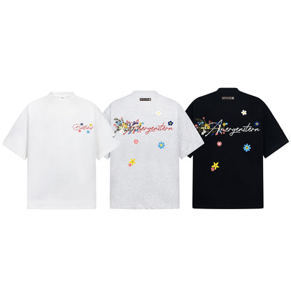 Flower Embroidery Handwritten Letter Short Sleeve T-Shirt WN26921