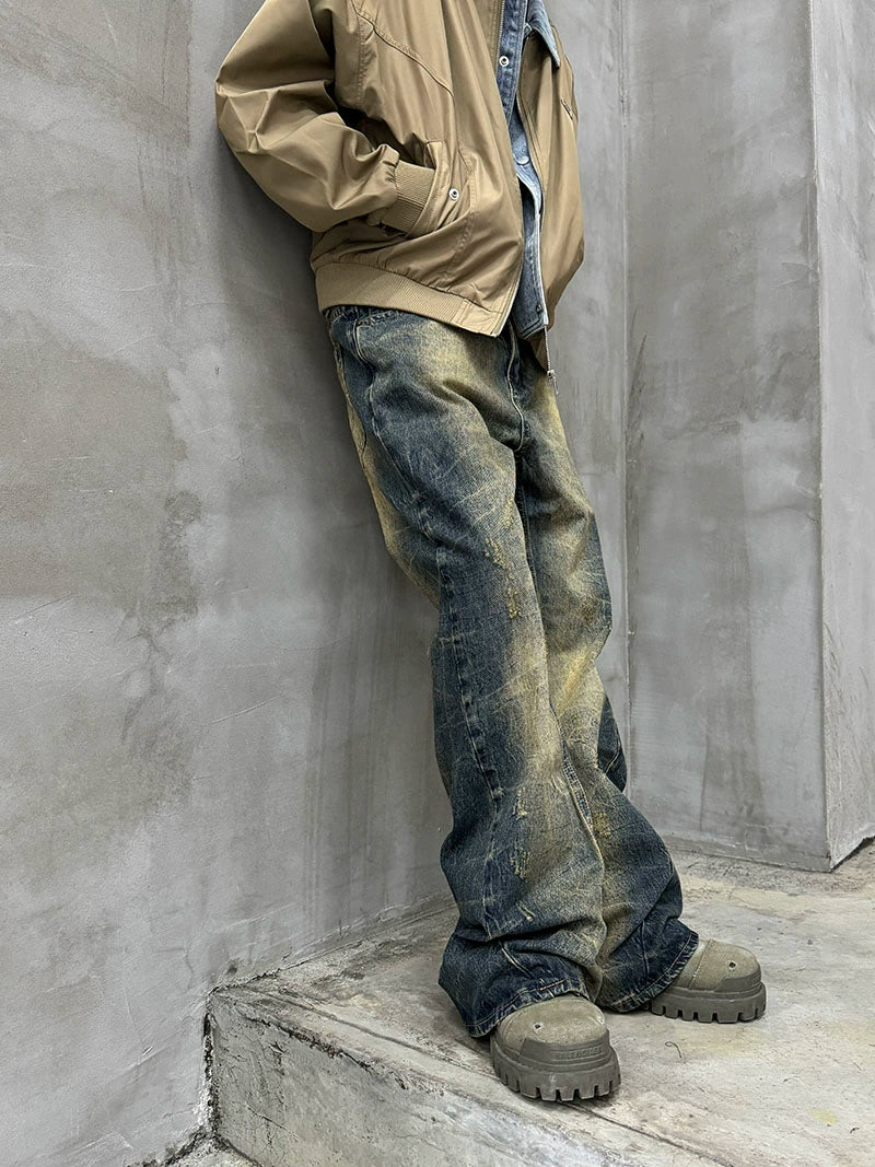 Washed Damage Straight Wide Leg Denim Jeans WN21181