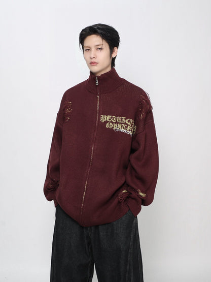 Damage Zipper High-Neck Oversize Knit Cardigan WN24422