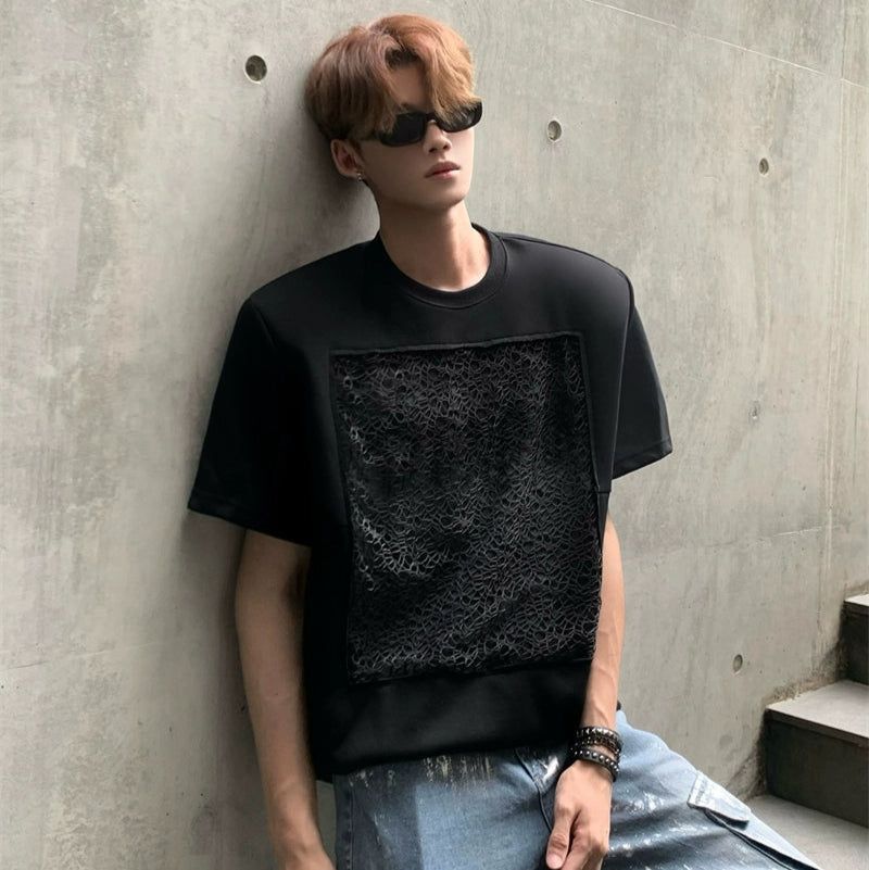 Design Print Shoulder-Pad Short Sleeve T-Shirt WN20047