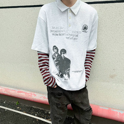 Fake Layered Stripe Long Sleeve Polo Shirt WN21159