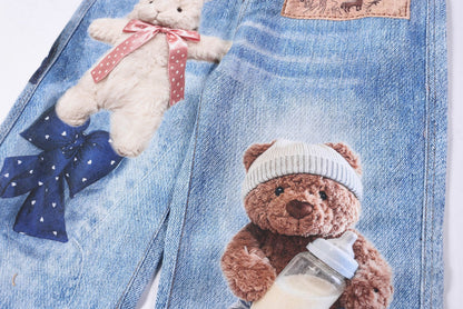 Washed 3D Character Print Wide Leg Denim Jeans WN25975