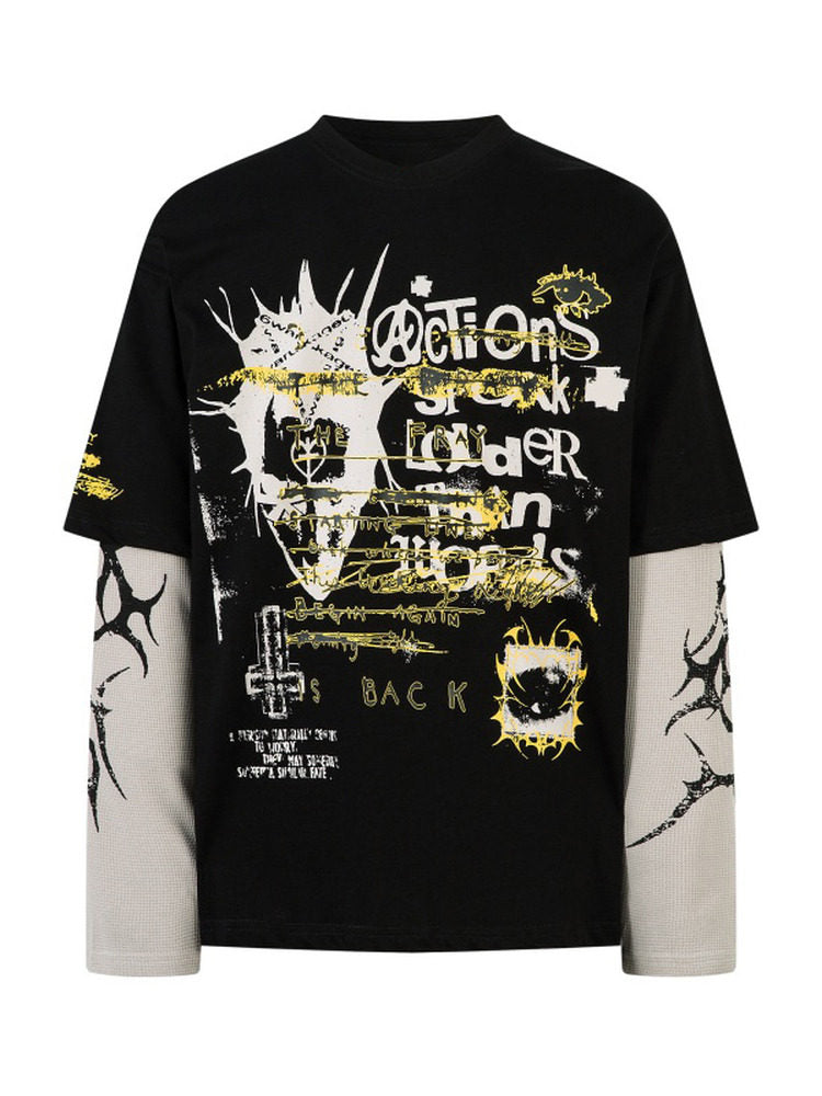 Fake Layered Graphic Print Oversize Long Sleeve T-Shirt WN24285
