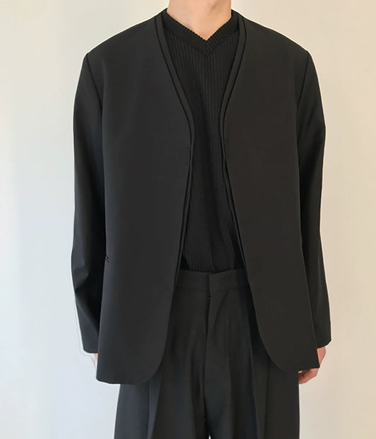 Fake Layered Collarless Tailored Jacket WN21463