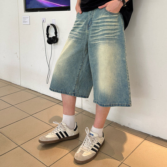 Whisker Washed Half Denim Jeans WN24949