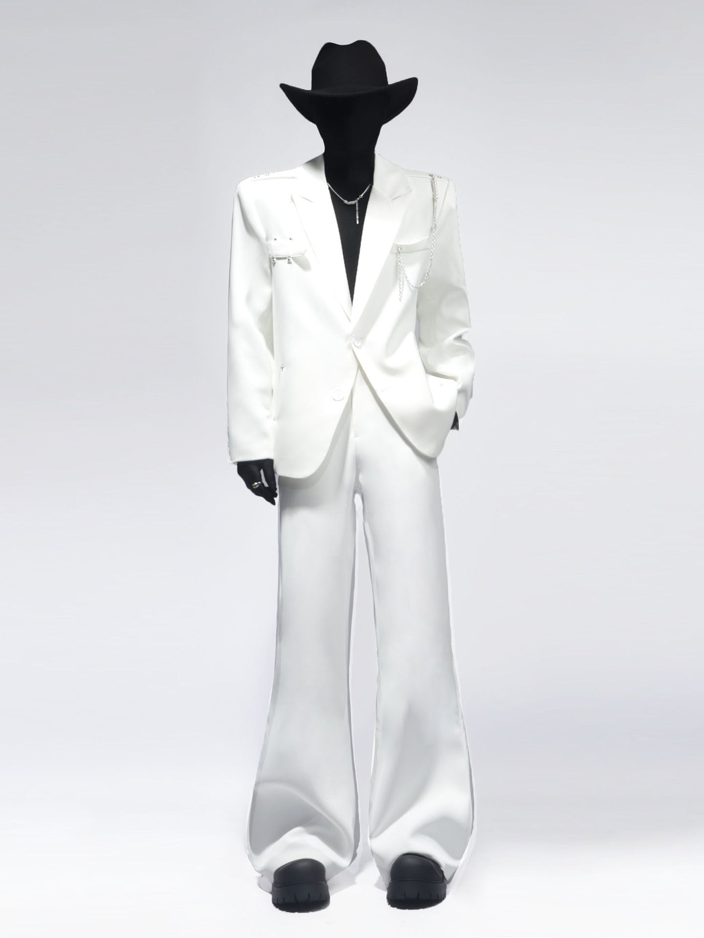 Chain Decor Tailored Jacket & Wide Leg Trousers Setup WN23664