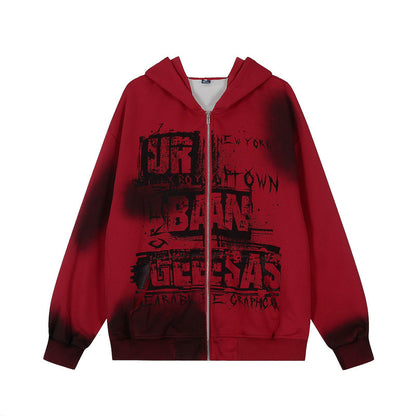 Washed Letter Print Zipper Hoodie WN15047