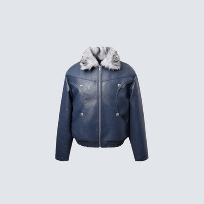 Fake Fur Collar Studs Detail PU Leather Jacket WN28095
