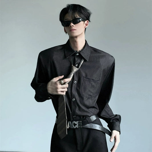Studs Button Design Shoulder-Pad Long Sleeve Shirt WN20053