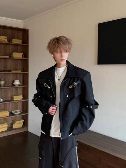 Structured Shoulder Metal Buckle Zip-Up Jacket WN23196