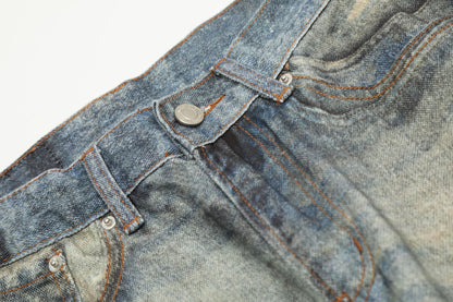 Dirty Dye Print Washed Straight Leg Denim Jeans WN16118