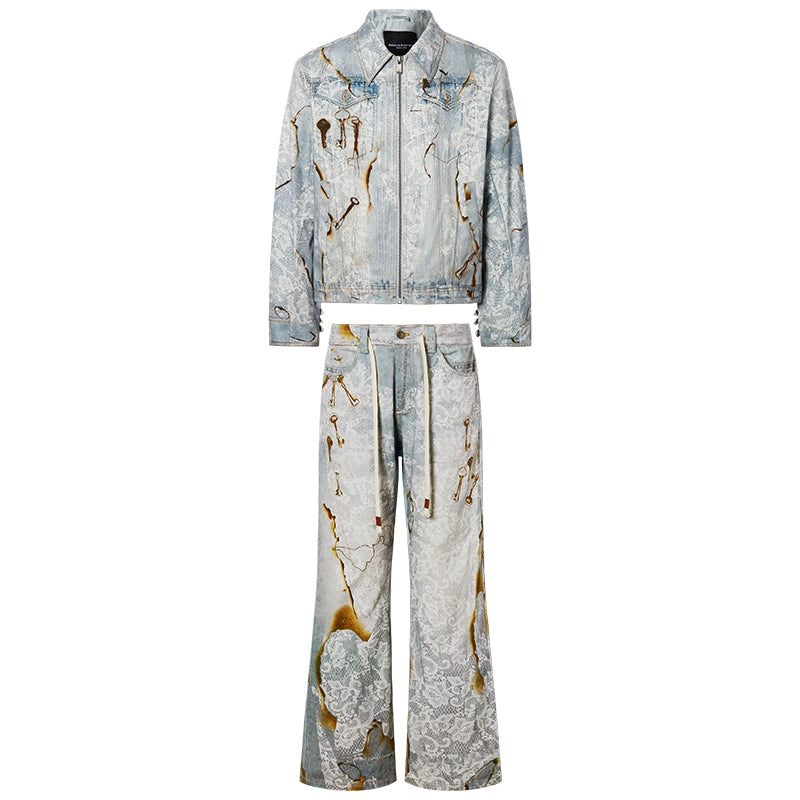 Burnout Lace Patchwork Key Print Washed Denim Jacket & Denim Jeans Setup WN17885