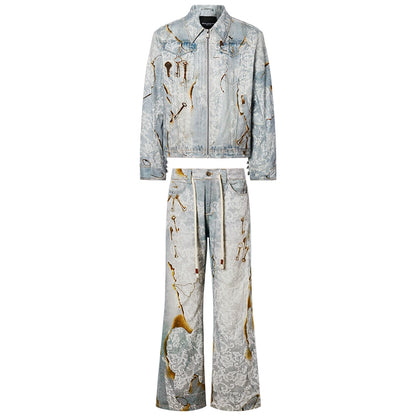 Burnout Lace Patchwork Key Print Washed Denim Jacket & Denim Jeans Setup WN17885